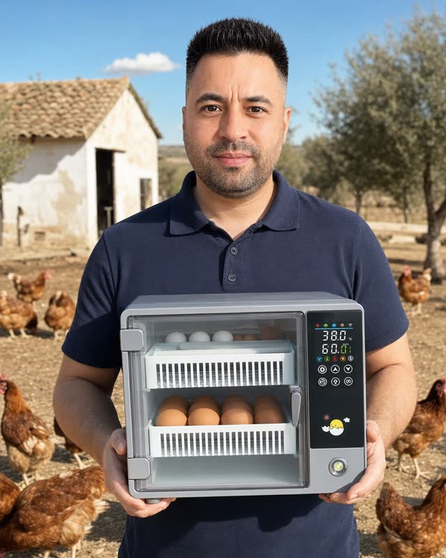 Pablo, de Granja Rentable, sujetando la incubadora 24Egg Dual en una granja con gallinas