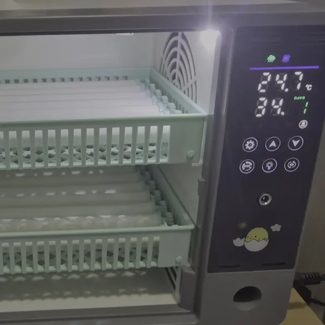 Interior de la incubadora vacía con sus bandejas de rodillos y la pantalla táctil